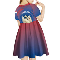 Netherlands Kid Short Sleeve Dress with Swan Couple Graphic and Dutch Flag in Gradient Red and Blue Design - Wonder Print Shop