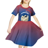 Netherlands Kid Short Sleeve Dress with Swan Couple Graphic and Dutch Flag in Gradient Red and Blue Design - Wonder Print Shop