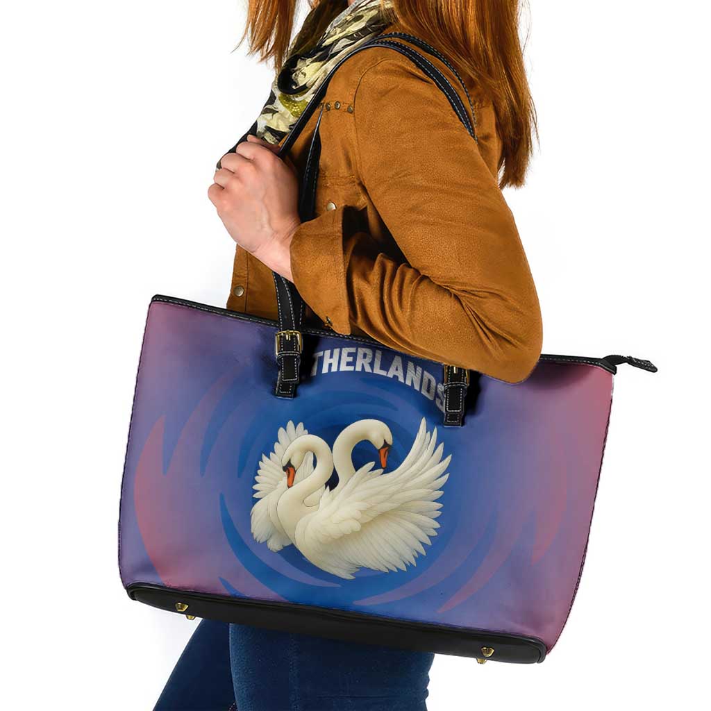 Netherlands Leather Tote Bag with Swan Couple Graphic and Dutch Flag in Gradient Red and Blue Design - Wonder Print Shop