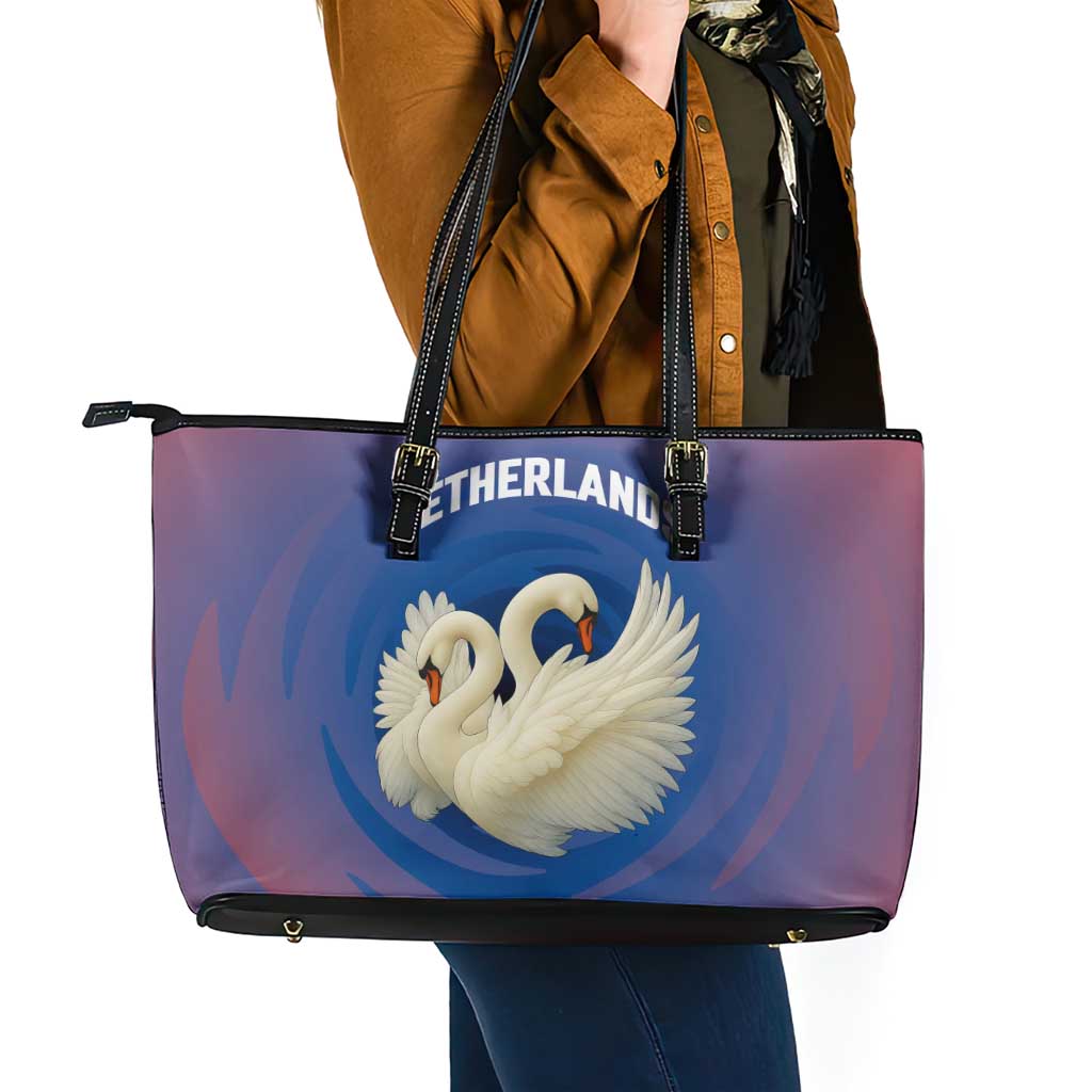 Netherlands Leather Tote Bag with Swan Couple Graphic and Dutch Flag in Gradient Red and Blue Design - Wonder Print Shop