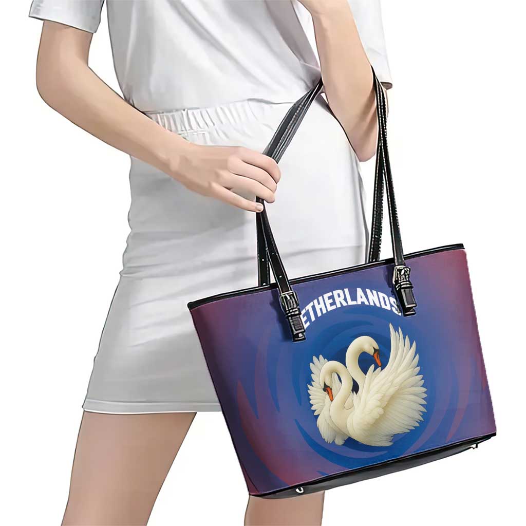Netherlands Leather Tote Bag with Swan Couple Graphic and Dutch Flag in Gradient Red and Blue Design - Wonder Print Shop