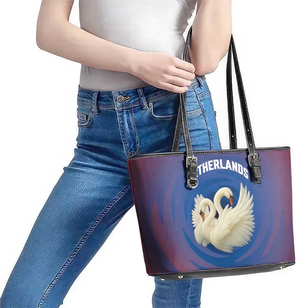 Netherlands Leather Tote Bag with Swan Couple Graphic and Dutch Flag in Gradient Red and Blue Design - Wonder Print Shop