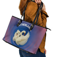 Netherlands Leather Tote Bag with Swan Couple Graphic and Dutch Flag in Gradient Red and Blue Design - Wonder Print Shop