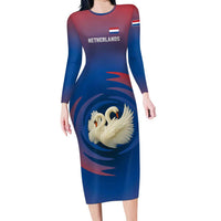 Netherlands Long Sleeve Bodycon Dress with Swan Couple Graphic and Dutch Flag in Gradient Red and Blue Design - Wonder Print Shop