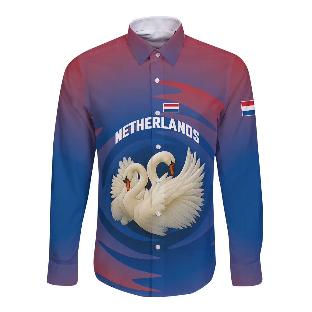 Netherlands Long Sleeve Button Shirt with Swan Couple Graphic and Dutch Flag in Gradient Red and Blue Design - Wonder Print Shop