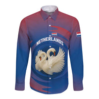 Netherlands Long Sleeve Button Shirt with Swan Couple Graphic and Dutch Flag in Gradient Red and Blue Design - Wonder Print Shop