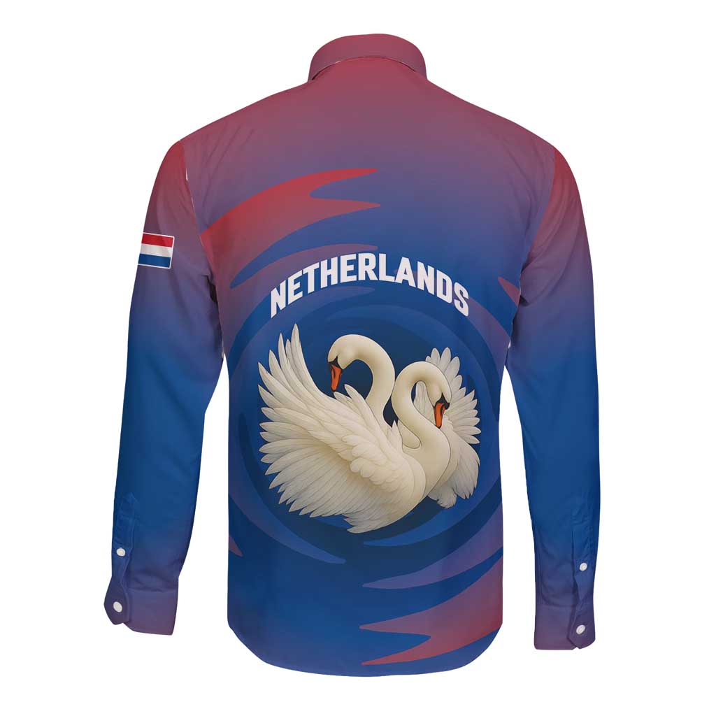 Netherlands Long Sleeve Button Shirt with Swan Couple Graphic and Dutch Flag in Gradient Red and Blue Design - Wonder Print Shop
