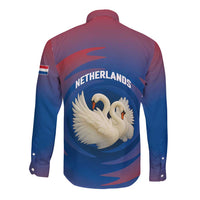Netherlands Long Sleeve Button Shirt with Swan Couple Graphic and Dutch Flag in Gradient Red and Blue Design - Wonder Print Shop
