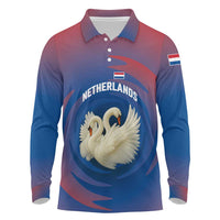 Netherlands Long Sleeve Polo Shirt with Swan Couple Graphic and Dutch Flag in Gradient Red and Blue Design - Wonder Print Shop