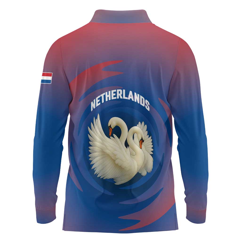 Netherlands Long Sleeve Polo Shirt with Swan Couple Graphic and Dutch Flag in Gradient Red and Blue Design - Wonder Print Shop