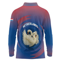 Netherlands Long Sleeve Polo Shirt with Swan Couple Graphic and Dutch Flag in Gradient Red and Blue Design - Wonder Print Shop