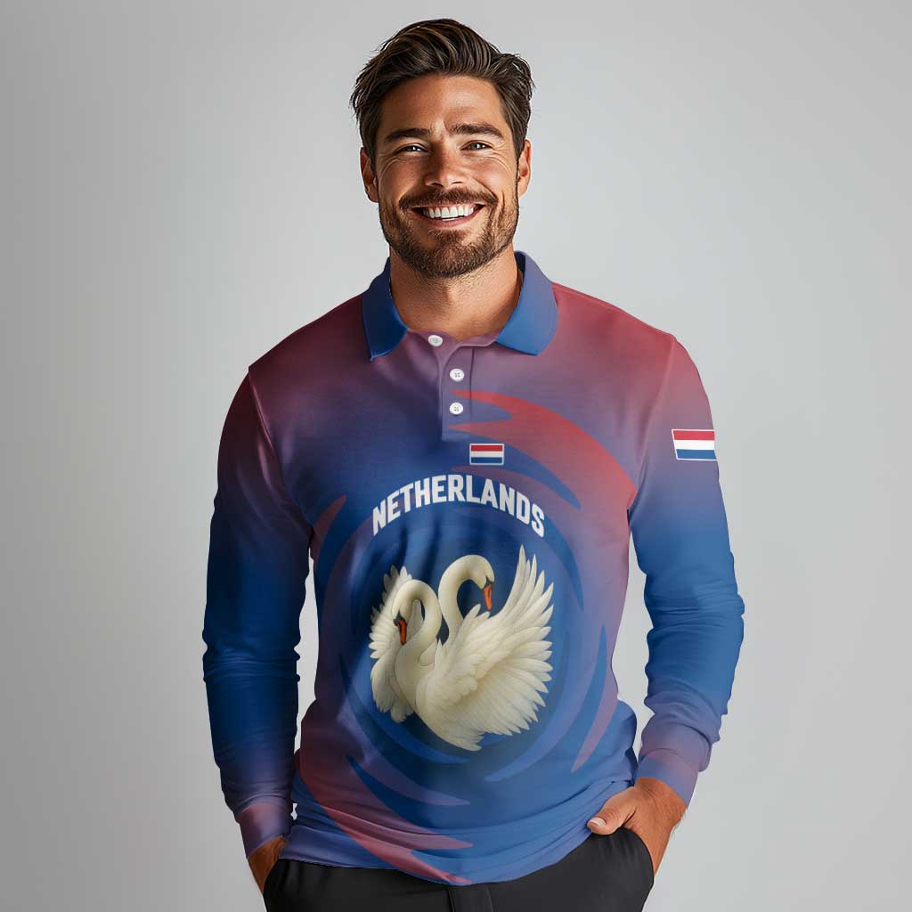 Netherlands Long Sleeve Polo Shirt with Swan Couple Graphic and Dutch Flag in Gradient Red and Blue Design - Wonder Print Shop