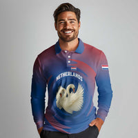 Netherlands Long Sleeve Polo Shirt with Swan Couple Graphic and Dutch Flag in Gradient Red and Blue Design - Wonder Print Shop
