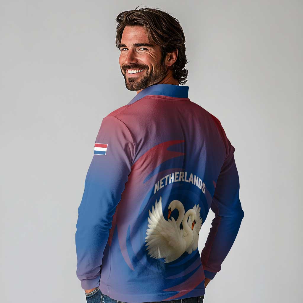 Netherlands Long Sleeve Polo Shirt with Swan Couple Graphic and Dutch Flag in Gradient Red and Blue Design - Wonder Print Shop