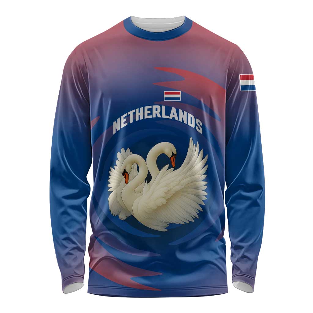 Netherlands Long Sleeve Shirt with Swan Couple Graphic and Dutch Flag in Gradient Red and Blue Design - Wonder Print Shop