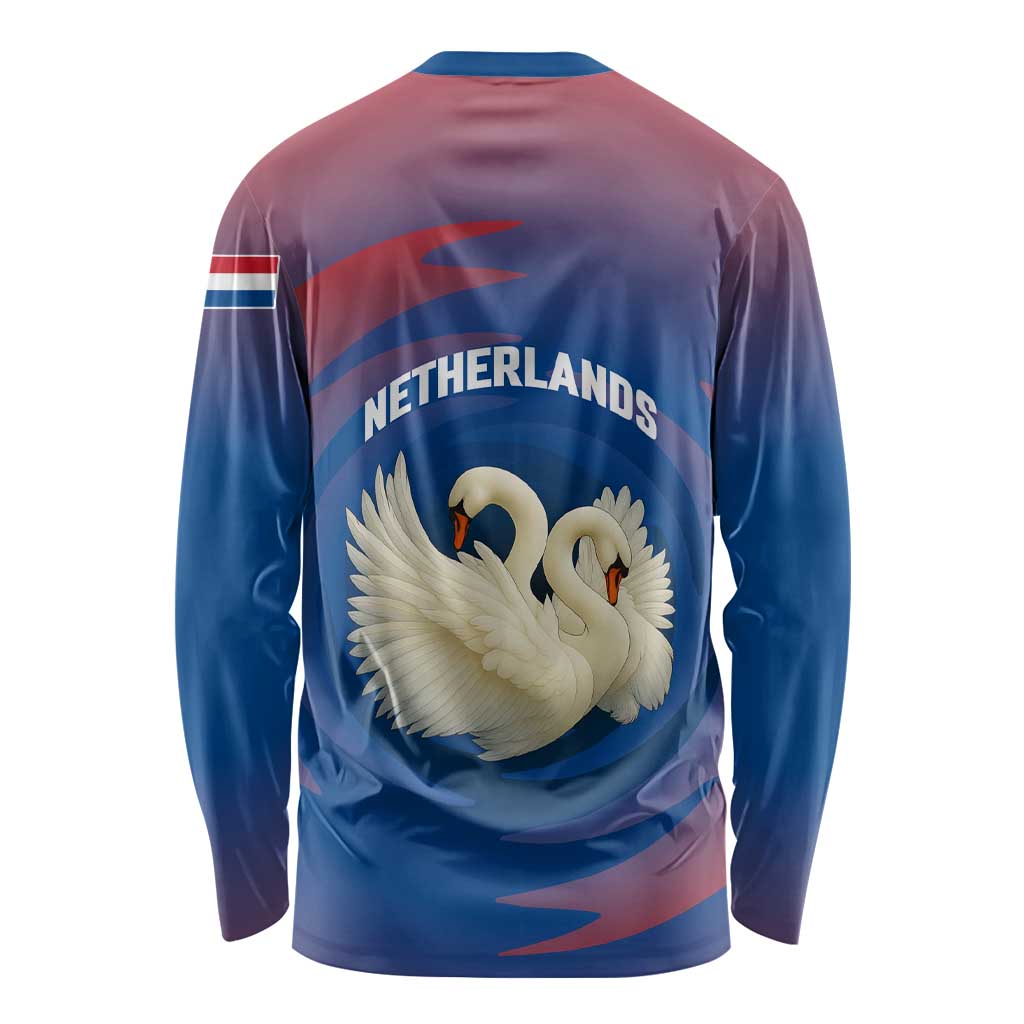 Netherlands Long Sleeve Shirt with Swan Couple Graphic and Dutch Flag in Gradient Red and Blue Design - Wonder Print Shop