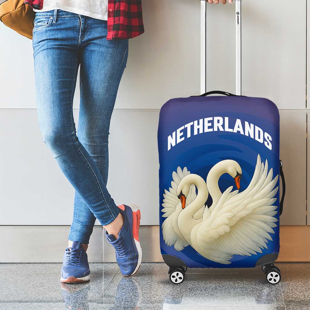 Netherlands Luggage Cover with Swan Couple Graphic and Dutch Flag in Gradient Red and Blue Design - Wonder Print Shop