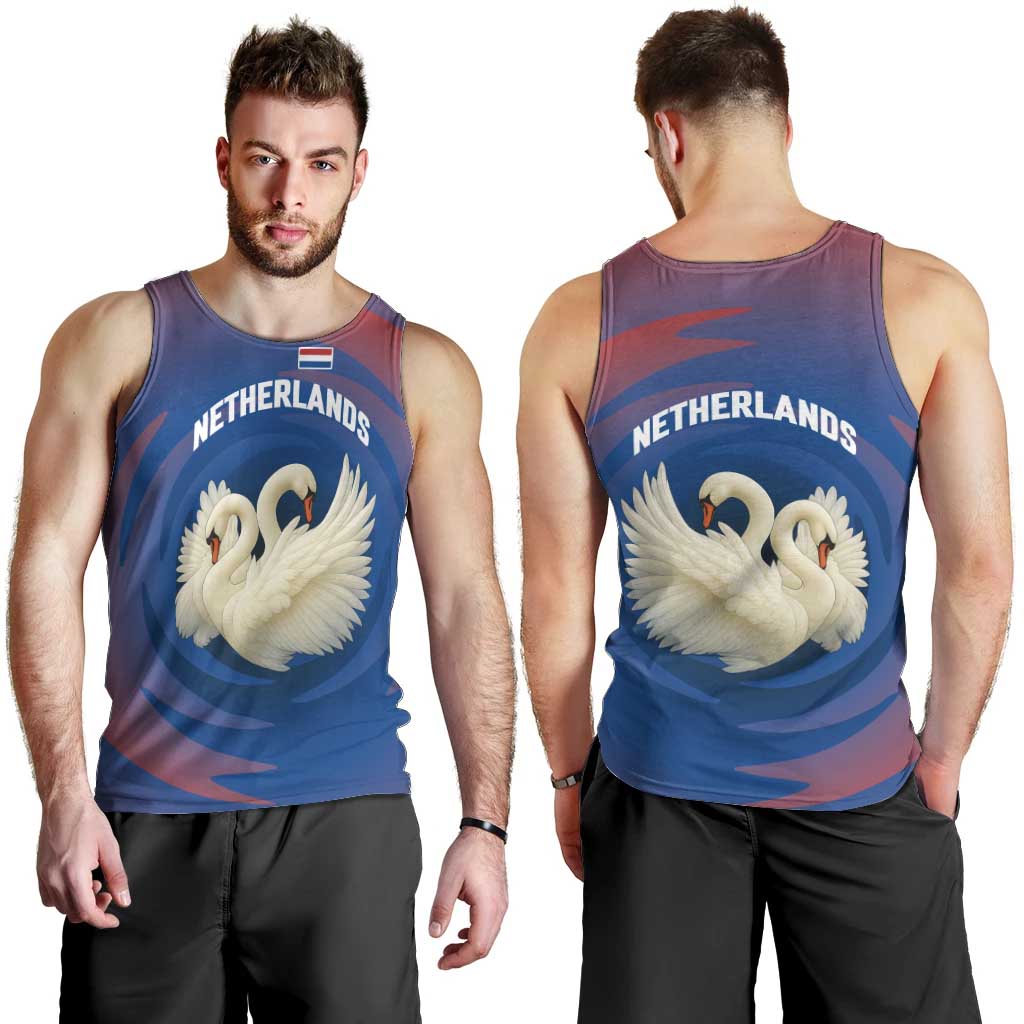 Netherlands Men Tank Top with Swan Couple Graphic and Dutch Flag in Gradient Red and Blue Design - Wonder Print Shop