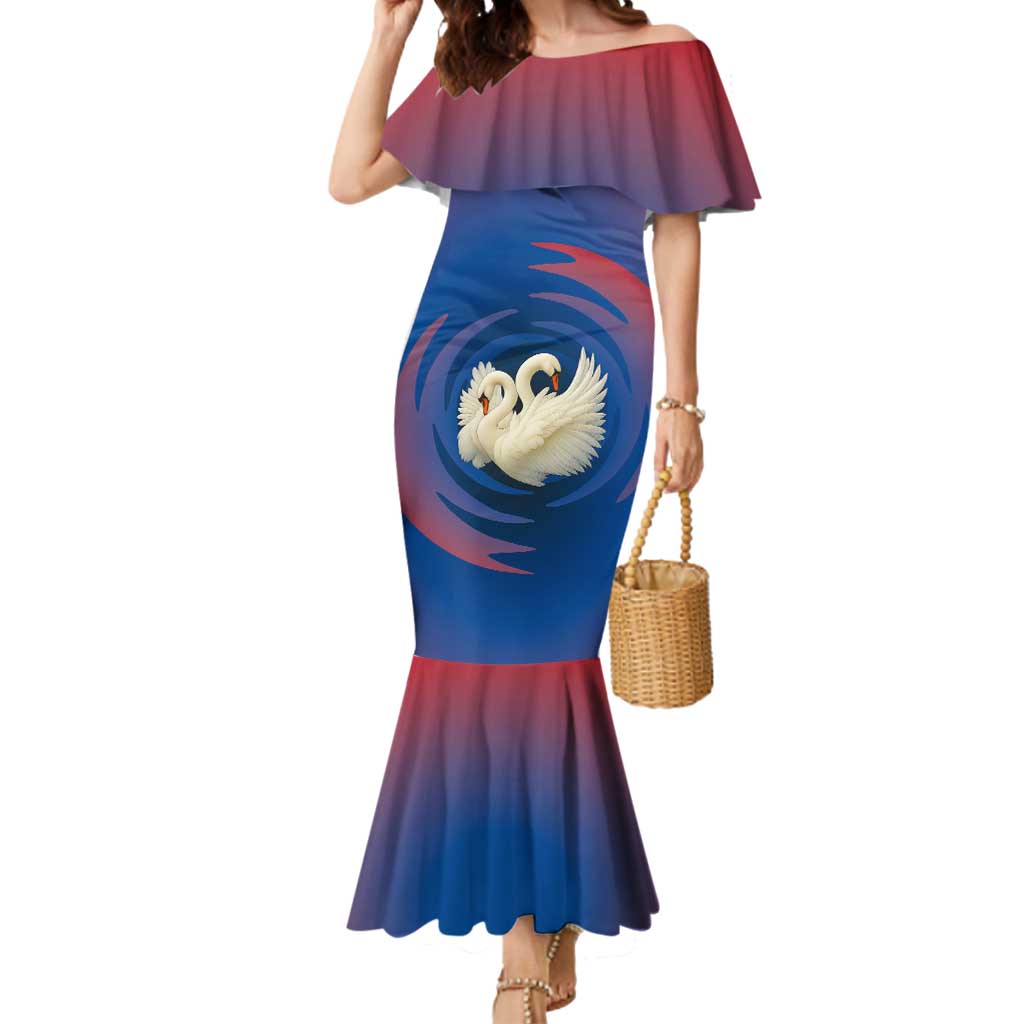 Netherlands Mermaid Dress with Swan Couple Graphic and Dutch Flag in Gradient Red and Blue Design - Wonder Print Shop