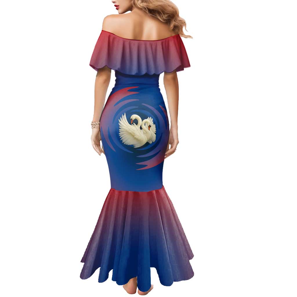 Netherlands Mermaid Dress with Swan Couple Graphic and Dutch Flag in Gradient Red and Blue Design - Wonder Print Shop