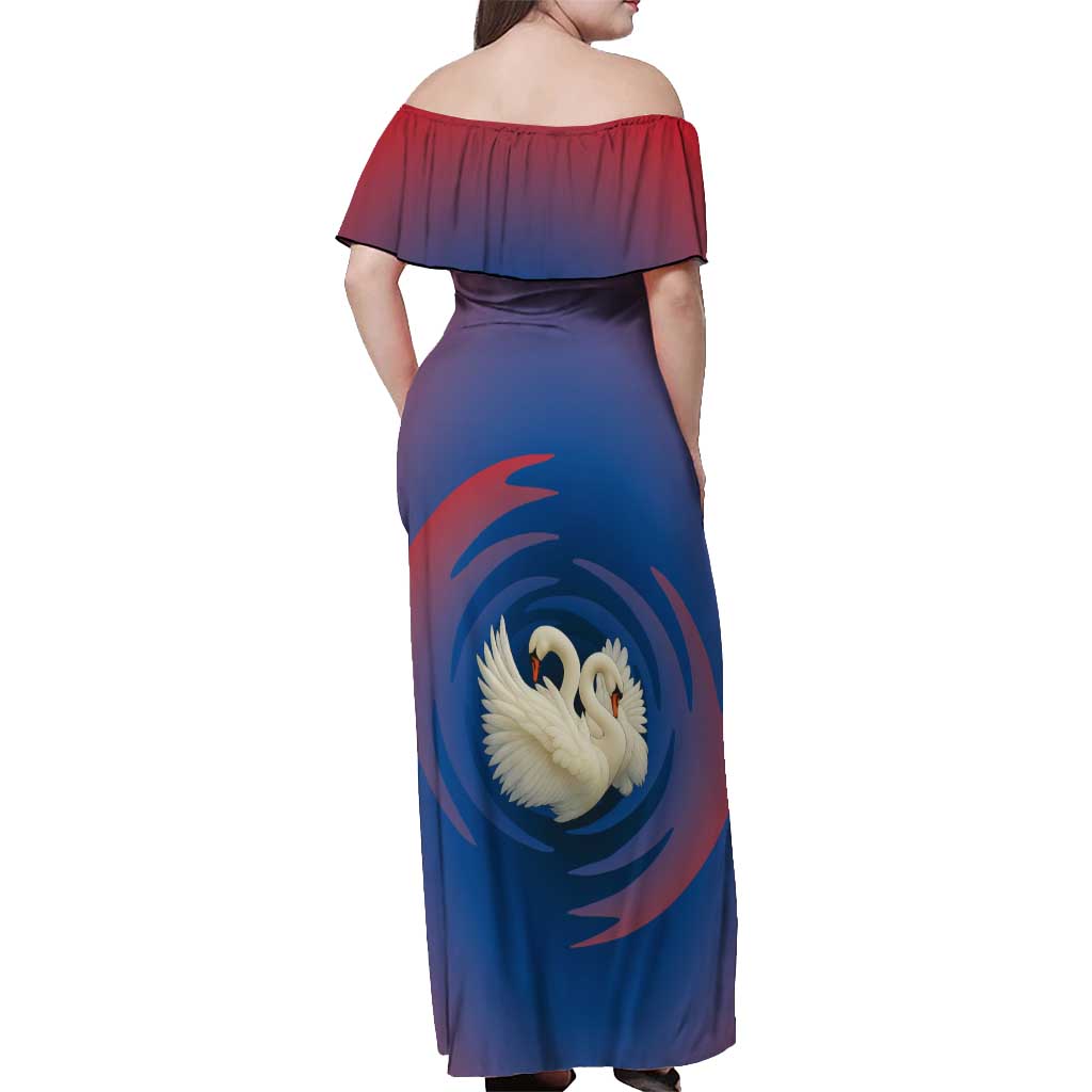 Netherlands Off Shoulder Maxi Dress with Swan Couple Graphic and Dutch Flag in Gradient Red and Blue Design - Wonder Print Shop