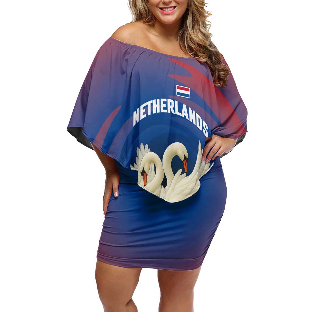 Netherlands Off Shoulder Short Dress with Swan Couple Graphic and Dutch Flag in Gradient Red and Blue Design - Wonder Print Shop