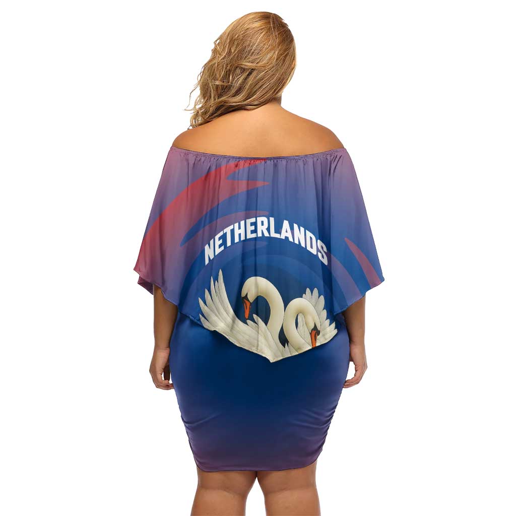 Netherlands Off Shoulder Short Dress with Swan Couple Graphic and Dutch Flag in Gradient Red and Blue Design - Wonder Print Shop