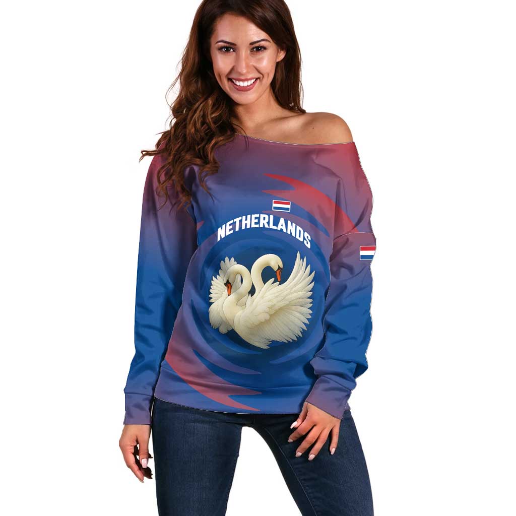 Netherlands Off Shoulder Sweater with Swan Couple Graphic and Dutch Flag in Gradient Red and Blue Design - Wonder Print Shop