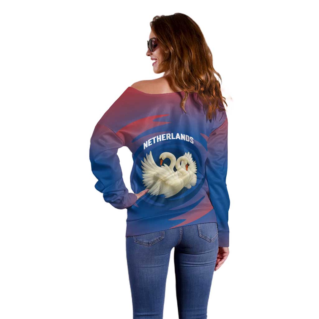 Netherlands Off Shoulder Sweater with Swan Couple Graphic and Dutch Flag in Gradient Red and Blue Design - Wonder Print Shop