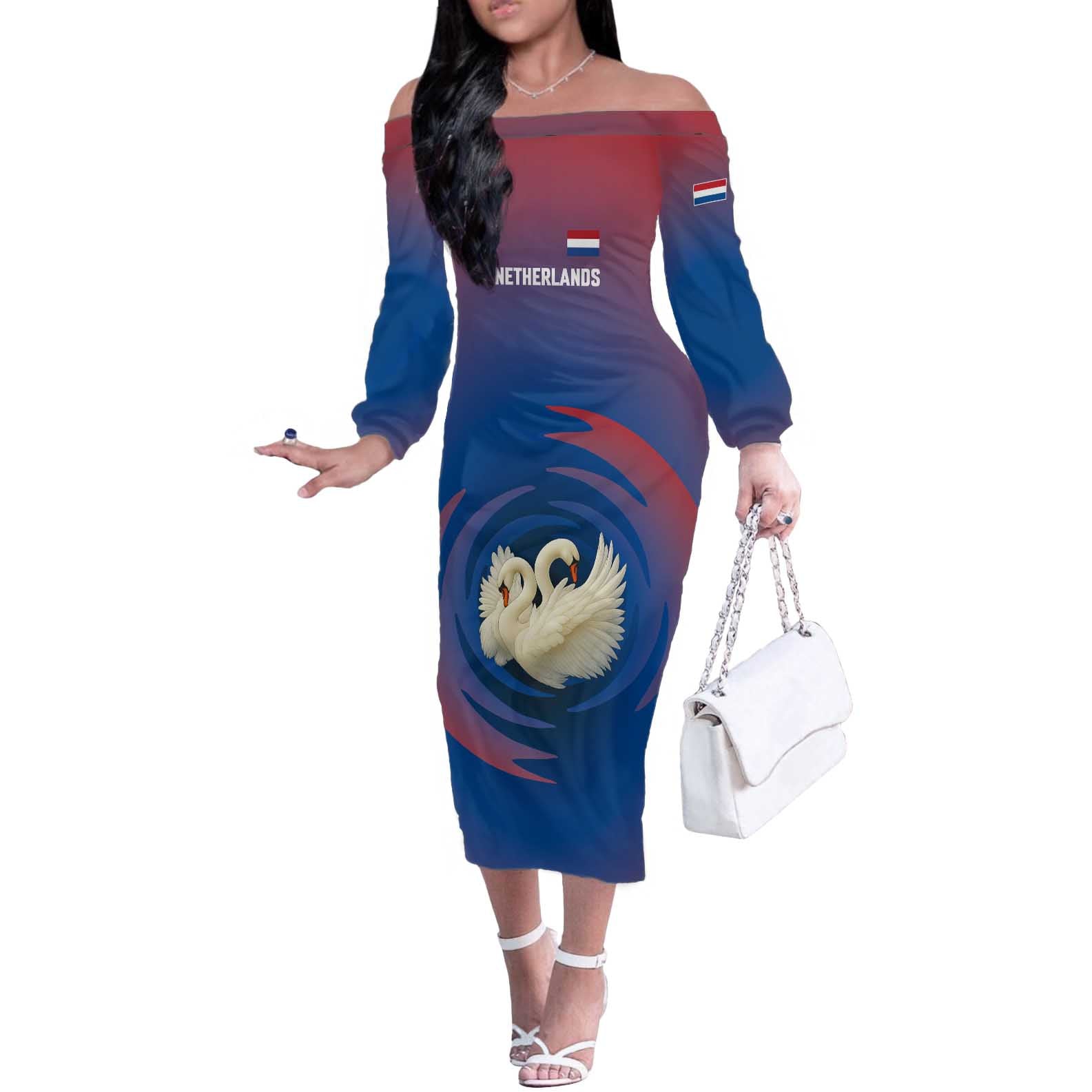 Netherlands Off The Shoulder Long Sleeve Dress with Swan Couple Graphic and Dutch Flag in Gradient Red and Blue Design - Wonder Print Shop