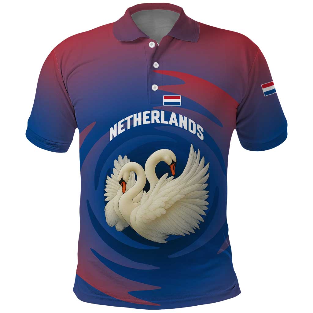 Netherlands Polo Shirt with Swan Couple Graphic and Dutch Flag in Gradient Red and Blue Design - Wonder Print Shop