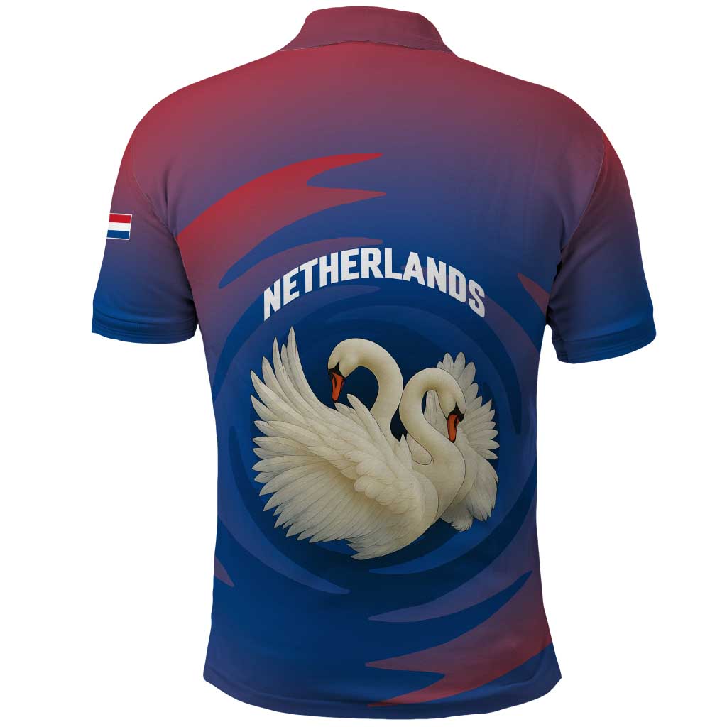 Netherlands Polo Shirt with Swan Couple Graphic and Dutch Flag in Gradient Red and Blue Design - Wonder Print Shop