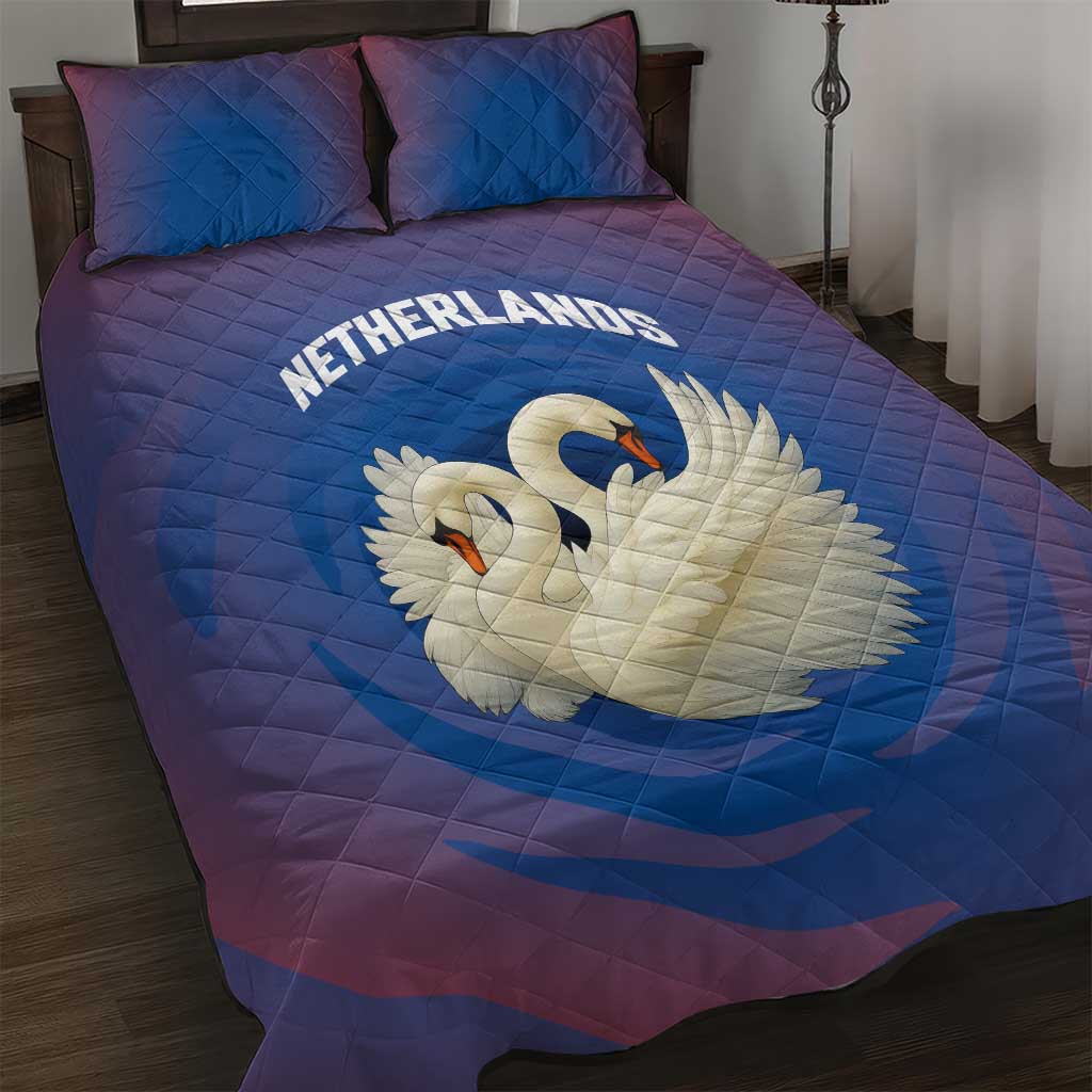 Netherlands Quilt Bed Set with Swan Couple Graphic and Dutch Flag in Gradient Red and Blue Design - Wonder Print Shop