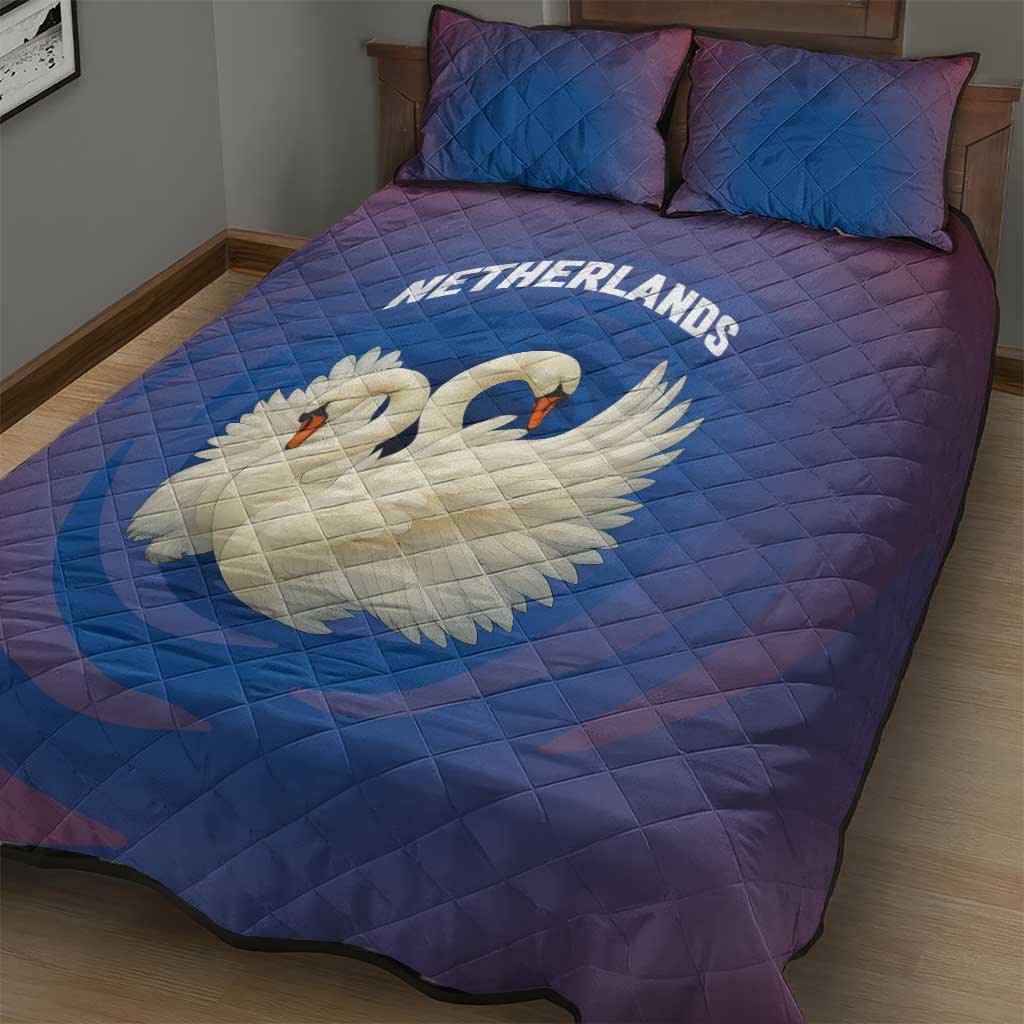Netherlands Quilt Bed Set with Swan Couple Graphic and Dutch Flag in Gradient Red and Blue Design - Wonder Print Shop