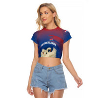 Netherlands Raglan Cropped T Shirt with Swan Couple Graphic and Dutch Flag in Gradient Red and Blue Design - Wonder Print Shop