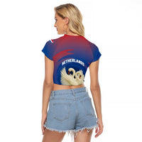 Netherlands Raglan Cropped T Shirt with Swan Couple Graphic and Dutch Flag in Gradient Red and Blue Design - Wonder Print Shop