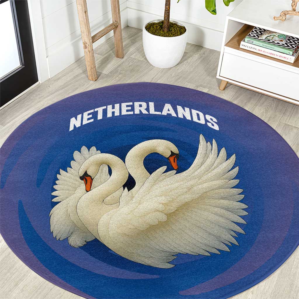 Netherlands Round Carpet with Swan Couple Graphic and Dutch Flag in Gradient Red and Blue Design - Wonder Print Shop