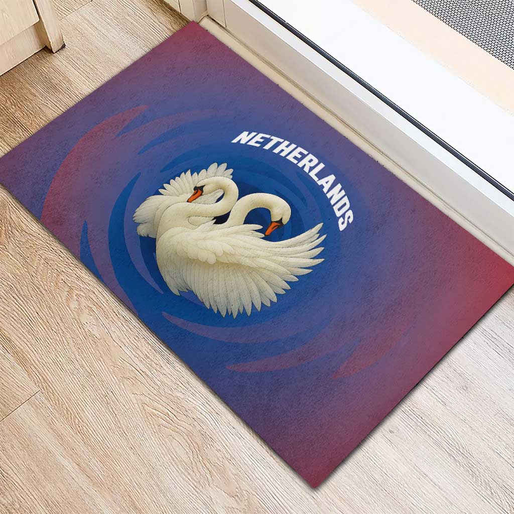 Netherlands Rubber Doormat with Swan Couple Graphic and Dutch Flag in Gradient Red and Blue Design - Wonder Print Shop