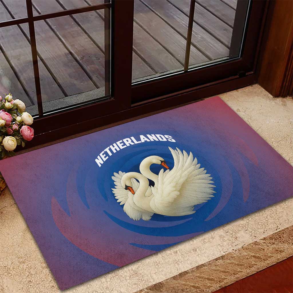 Netherlands Rubber Doormat with Swan Couple Graphic and Dutch Flag in Gradient Red and Blue Design - Wonder Print Shop