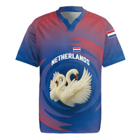 Netherlands Rugby Jersey with Swan Couple Graphic and Dutch Flag in Gradient Red and Blue Design - Wonder Print Shop