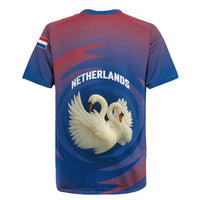 Netherlands Rugby Jersey with Swan Couple Graphic and Dutch Flag in Gradient Red and Blue Design - Wonder Print Shop