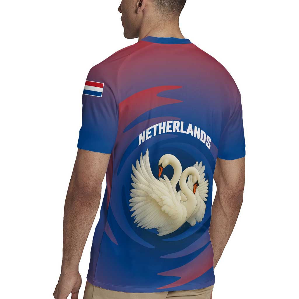 Netherlands Rugby Jersey with Swan Couple Graphic and Dutch Flag in Gradient Red and Blue Design - Wonder Print Shop