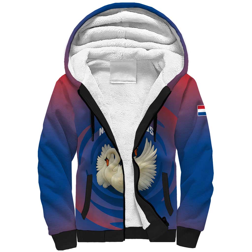 Netherlands Sherpa Hoodie with Swan Couple Graphic and Dutch Flag in Gradient Red and Blue Design - Wonder Print Shop