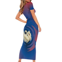 Netherlands Short Sleeve Bodycon Dress with Swan Couple Graphic and Dutch Flag in Gradient Red and Blue Design - Wonder Print Shop