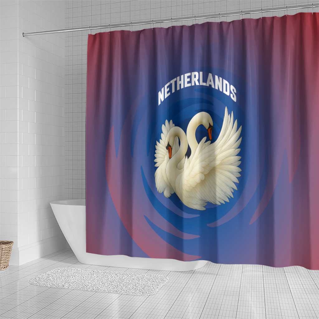 Netherlands Shower Curtain with Swan Couple Graphic and Dutch Flag in Gradient Red and Blue Design - Wonder Print Shop