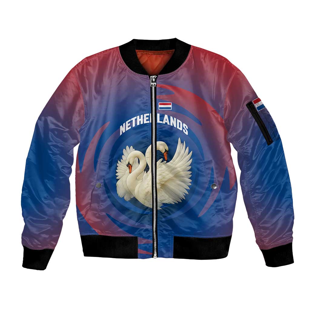 Netherlands Sleeve Zip Bomber Jacket with Swan Couple Graphic and Dutch Flag in Gradient Red and Blue Design - Wonder Print Shop