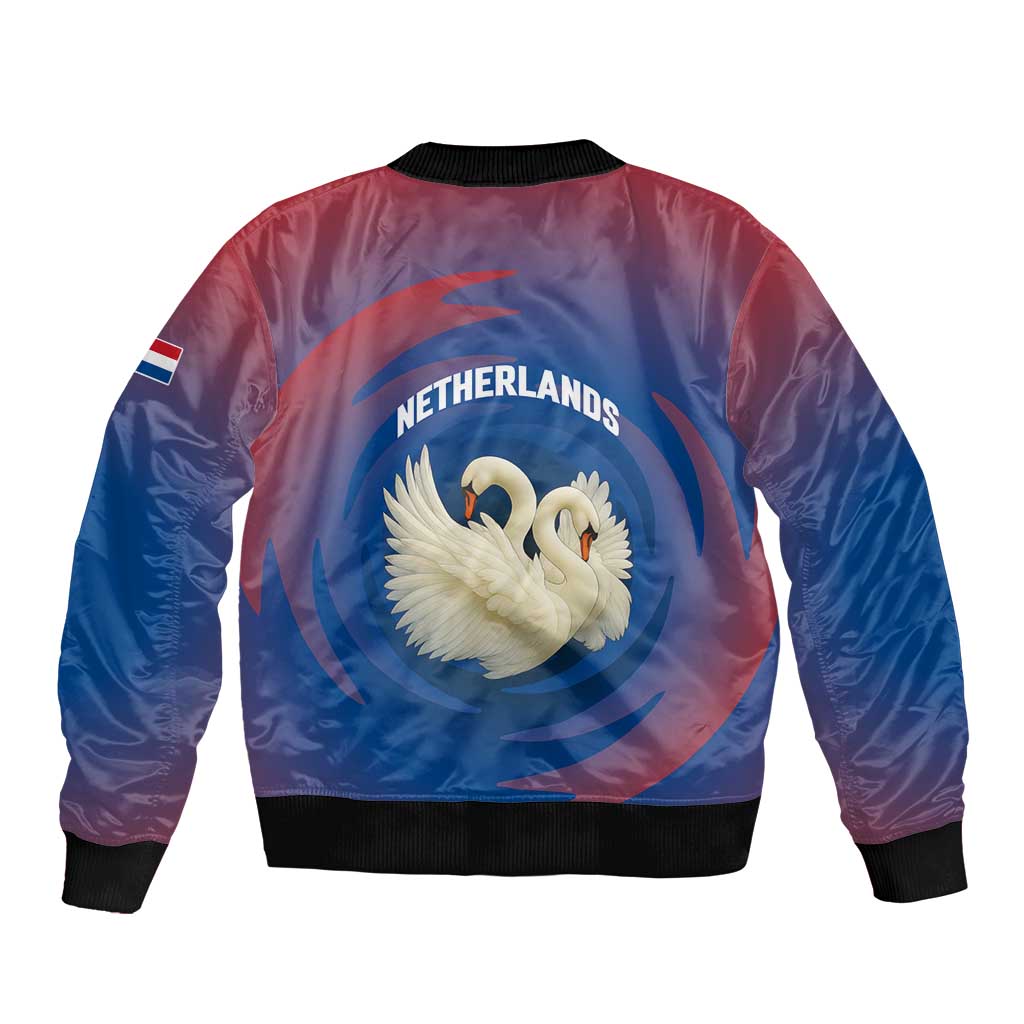 Netherlands Sleeve Zip Bomber Jacket with Swan Couple Graphic and Dutch Flag in Gradient Red and Blue Design - Wonder Print Shop