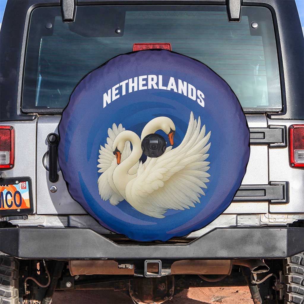 Netherlands Spare Tire Cover with Swan Couple Graphic and Dutch Flag in Gradient Red and Blue Design - Wonder Print Shop