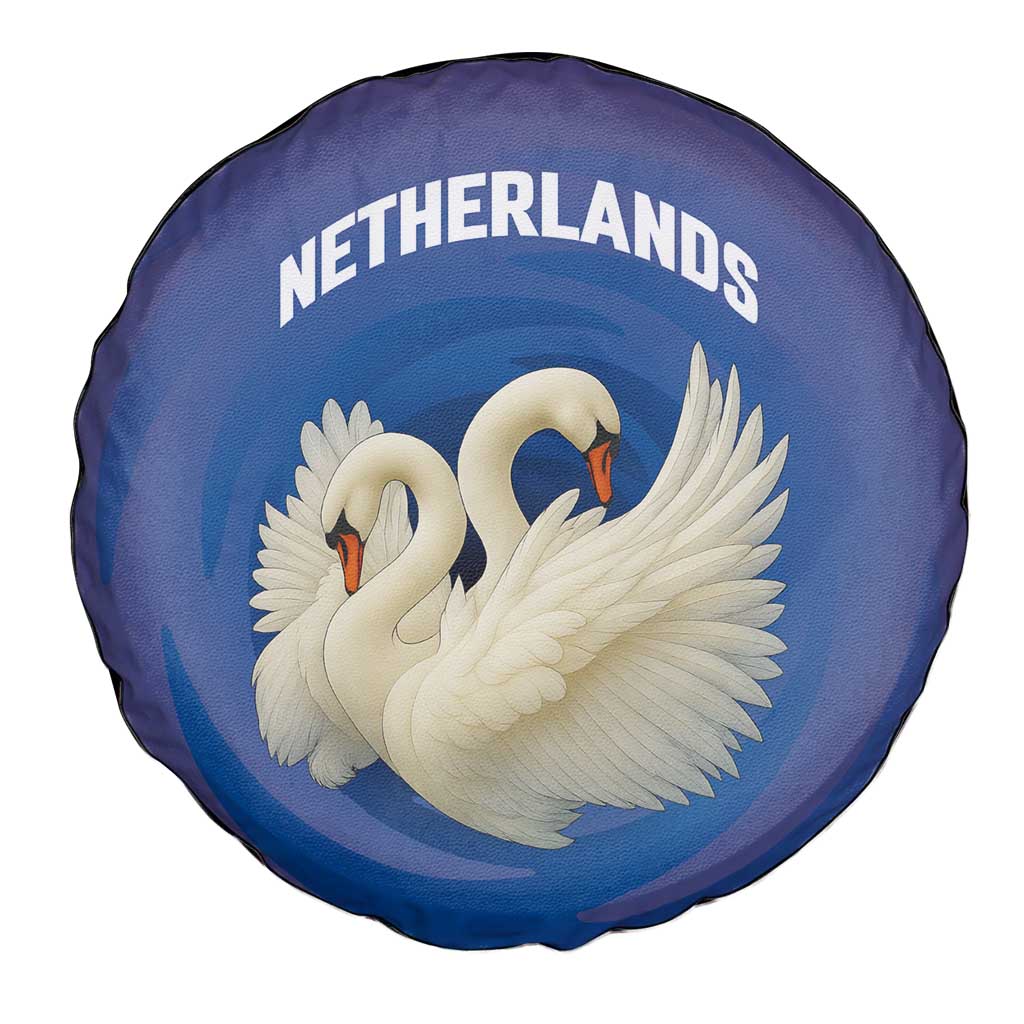 Netherlands Spare Tire Cover with Swan Couple Graphic and Dutch Flag in Gradient Red and Blue Design - Wonder Print Shop