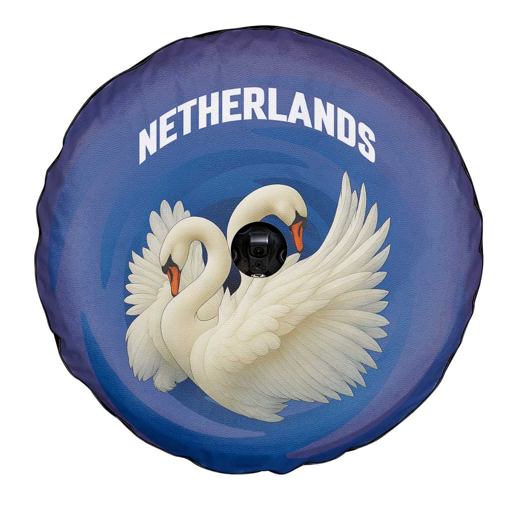 Netherlands Spare Tire Cover with Swan Couple Graphic and Dutch Flag in Gradient Red and Blue Design - Wonder Print Shop
